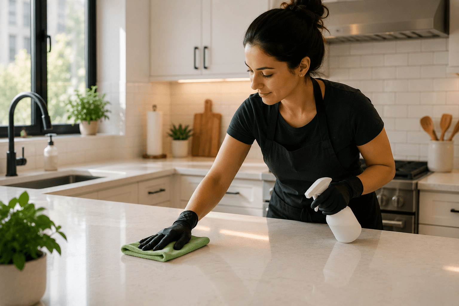 Professional cleaner working in a bright NYC apartment during a two-hour cleaning appointment
