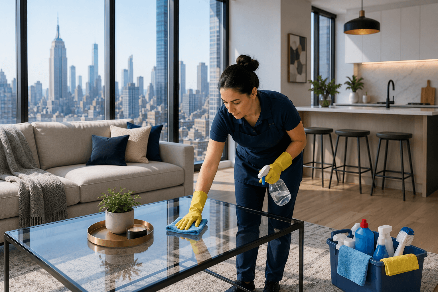 Professional cleaner following a detailed apartment cleaning checklist in a bright NYC living room